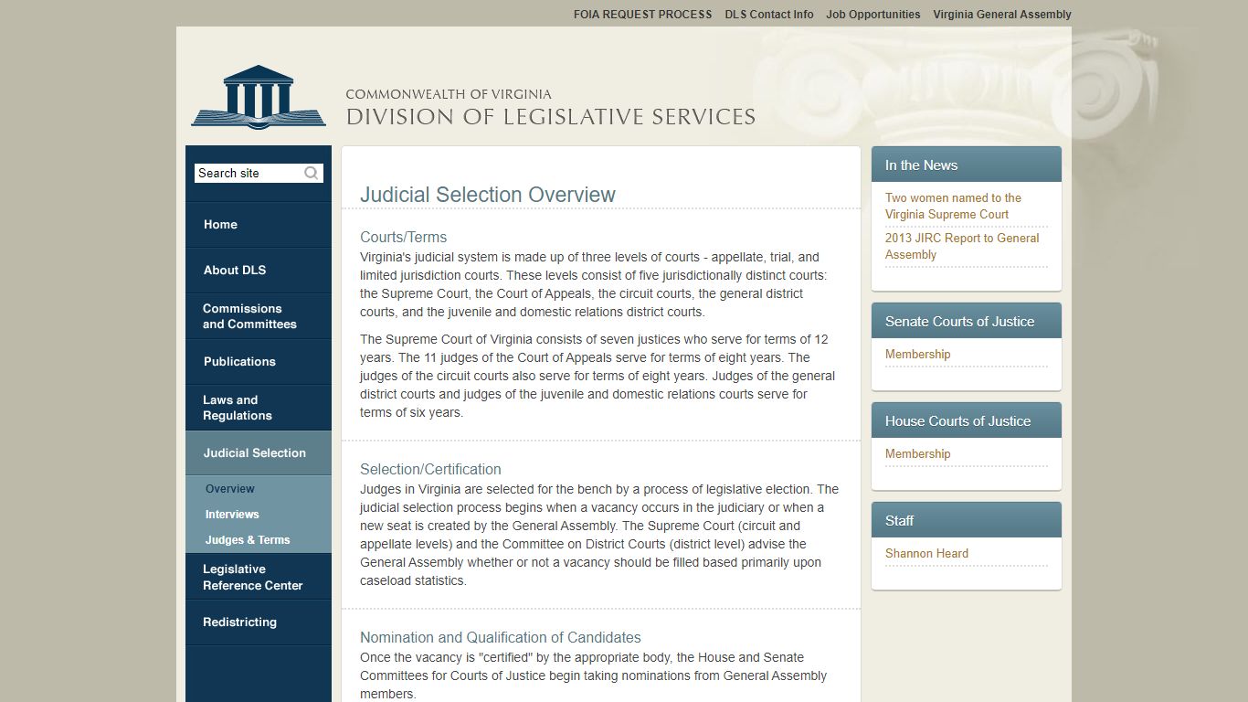 Division of Legislative Services: Judicial Selection - Virginia